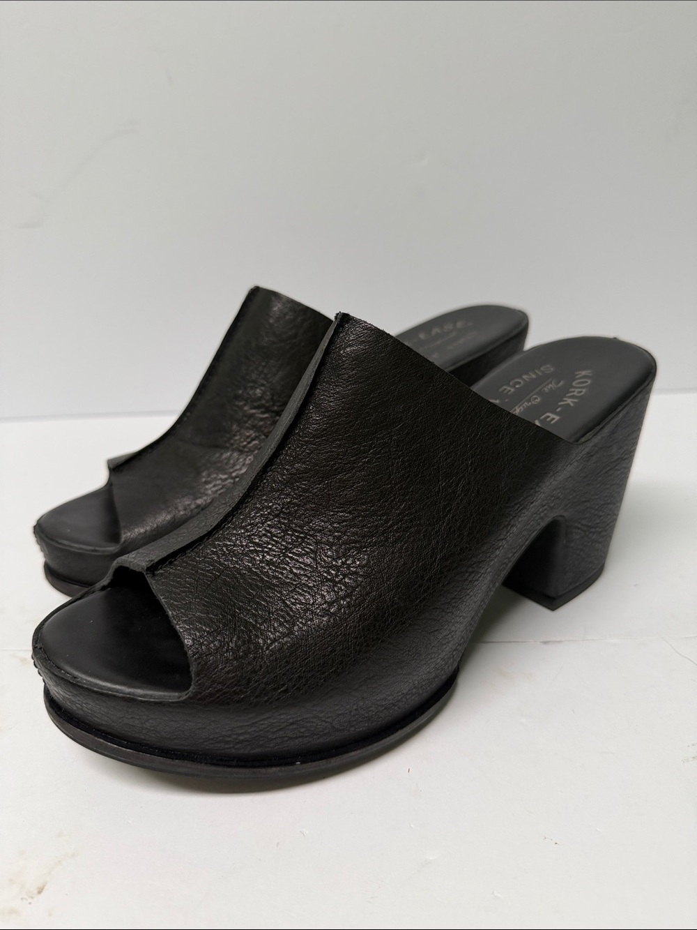 Kork-Ease Black Leather Open-Toe Platform Mule Size 8